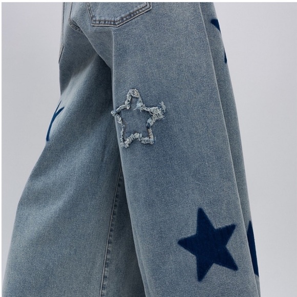STAR PATCH MINERAL WASEHD WIDE LEG STRETCHY DENIM PANTS - Picture 5 of 5